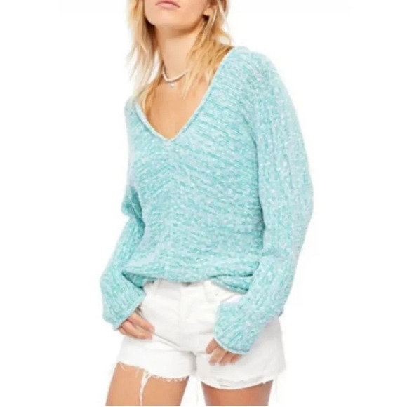 Free People Sweaters - Free People Bright Lights V-Neck Sweater in Adriatic Sea Size Small